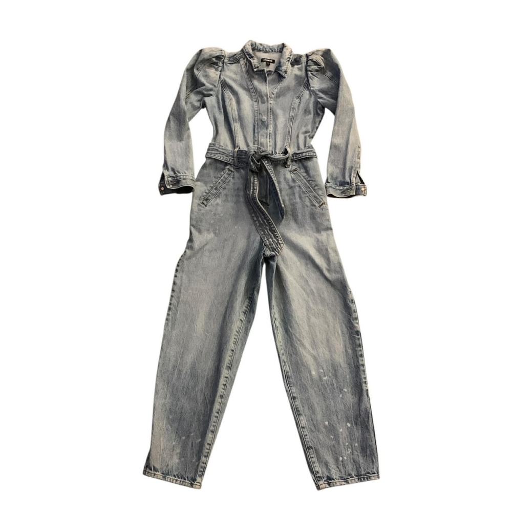 EXPRESS Acid Wash Denim Jumpsuit Puff Sleeve Retro 80s Utility Boiler Suit 4